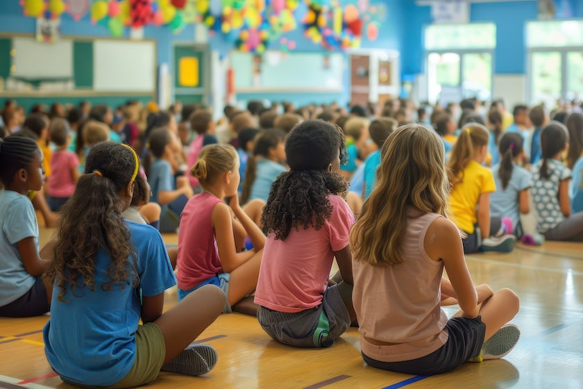 Students attending school assembly